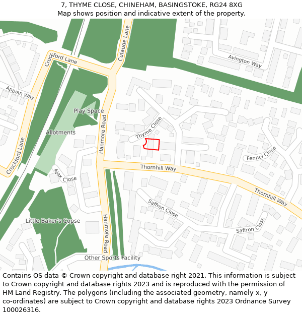 7, THYME CLOSE, CHINEHAM, BASINGSTOKE, RG24 8XG: Location map and indicative extent of plot