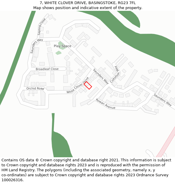 7, WHITE CLOVER DRIVE, BASINGSTOKE, RG23 7FL: Location map and indicative extent of plot