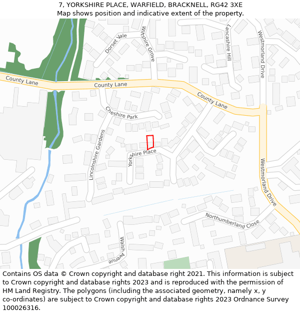 7, YORKSHIRE PLACE, WARFIELD, BRACKNELL, RG42 3XE: Location map and indicative extent of plot