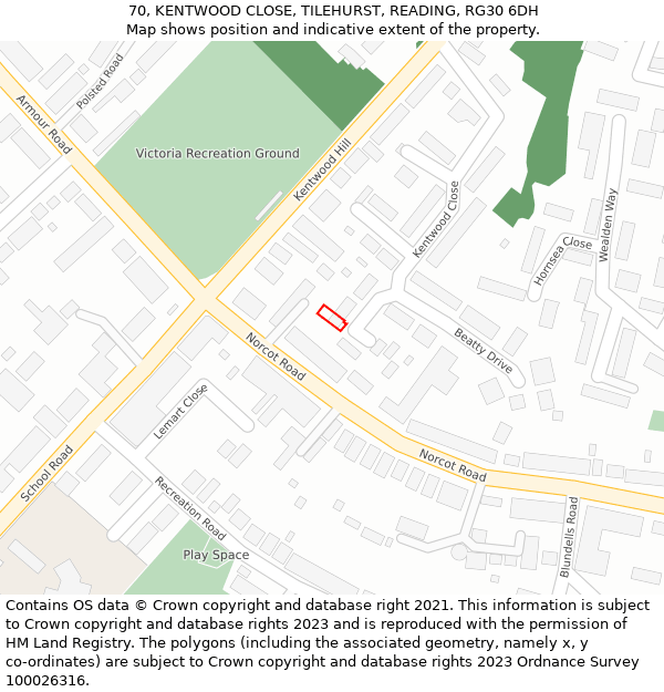 70, KENTWOOD CLOSE, TILEHURST, READING, RG30 6DH: Location map and indicative extent of plot