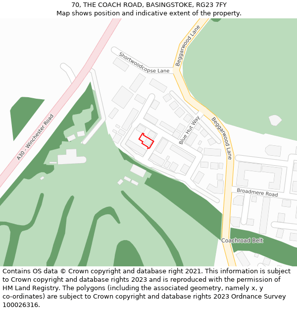 70, THE COACH ROAD, BASINGSTOKE, RG23 7FY: Location map and indicative extent of plot