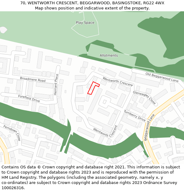 70, WENTWORTH CRESCENT, BEGGARWOOD, BASINGSTOKE, RG22 4WX: Location map and indicative extent of plot