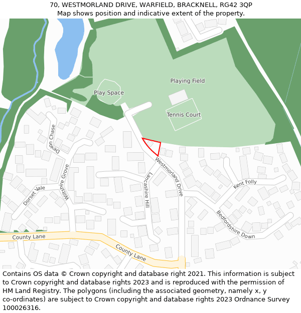 70, WESTMORLAND DRIVE, WARFIELD, BRACKNELL, RG42 3QP: Location map and indicative extent of plot