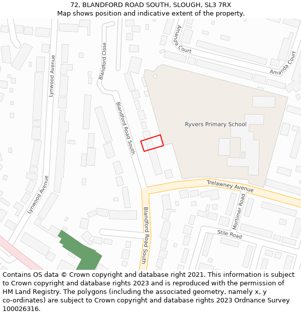 72, BLANDFORD ROAD SOUTH, SLOUGH, SL3 7RX: Location map and indicative extent of plot