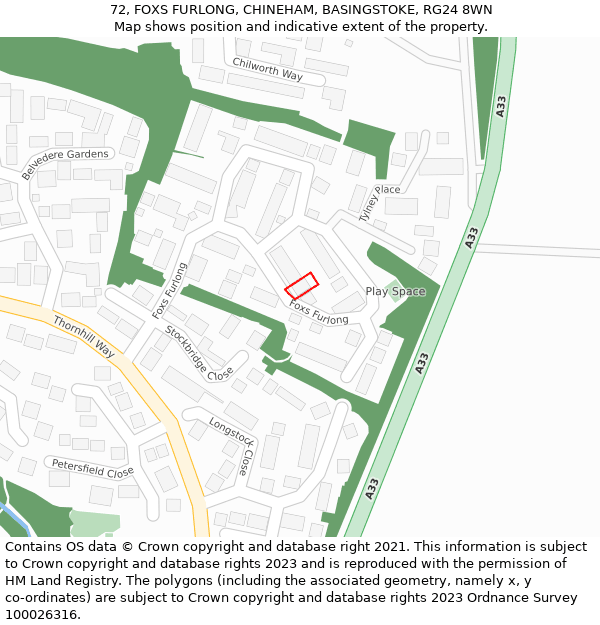 72, FOXS FURLONG, CHINEHAM, BASINGSTOKE, RG24 8WN: Location map and indicative extent of plot