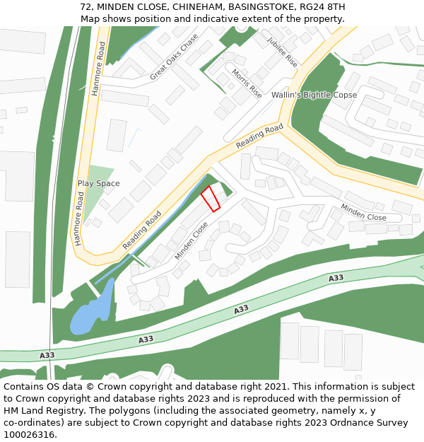 72, MINDEN CLOSE, CHINEHAM, BASINGSTOKE, RG24 8TH: Location map and indicative extent of plot