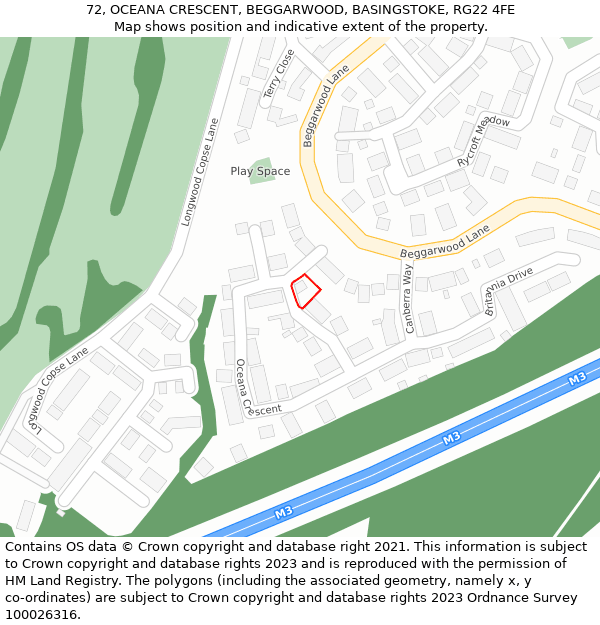 72, OCEANA CRESCENT, BEGGARWOOD, BASINGSTOKE, RG22 4FE: Location map and indicative extent of plot