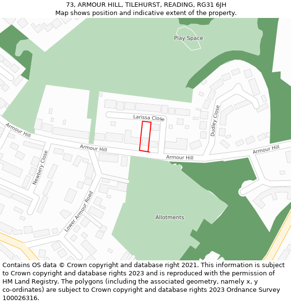 73, ARMOUR HILL, TILEHURST, READING, RG31 6JH: Location map and indicative extent of plot