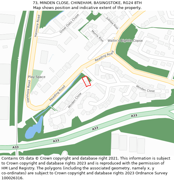 73, MINDEN CLOSE, CHINEHAM, BASINGSTOKE, RG24 8TH: Location map and indicative extent of plot