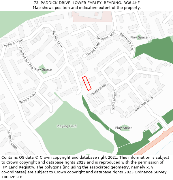 73, PADDICK DRIVE, LOWER EARLEY, READING, RG6 4HF: Location map and indicative extent of plot