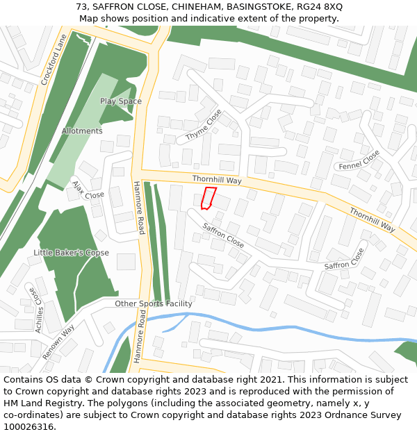 73, SAFFRON CLOSE, CHINEHAM, BASINGSTOKE, RG24 8XQ: Location map and indicative extent of plot