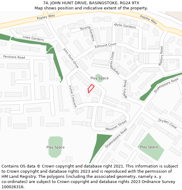 74, JOHN HUNT DRIVE, BASINGSTOKE, RG24 9TX: Location map and indicative extent of plot