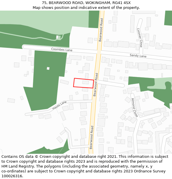 75, BEARWOOD ROAD, WOKINGHAM, RG41 4SX: Location map and indicative extent of plot