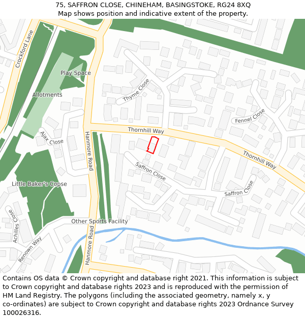 75, SAFFRON CLOSE, CHINEHAM, BASINGSTOKE, RG24 8XQ: Location map and indicative extent of plot