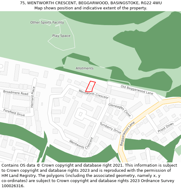 75, WENTWORTH CRESCENT, BEGGARWOOD, BASINGSTOKE, RG22 4WU: Location map and indicative extent of plot