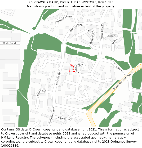 76, COWSLIP BANK, LYCHPIT, BASINGSTOKE, RG24 8RR: Location map and indicative extent of plot