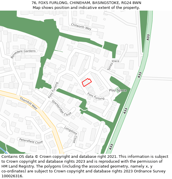 76, FOXS FURLONG, CHINEHAM, BASINGSTOKE, RG24 8WN: Location map and indicative extent of plot