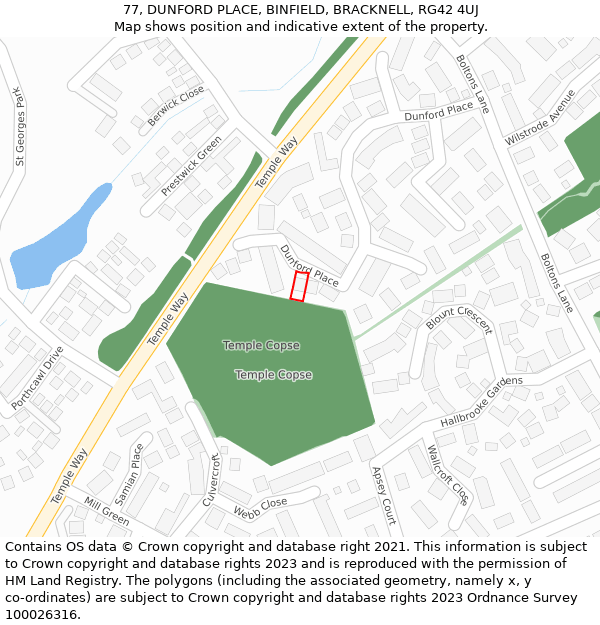 77, DUNFORD PLACE, BINFIELD, BRACKNELL, RG42 4UJ: Location map and indicative extent of plot