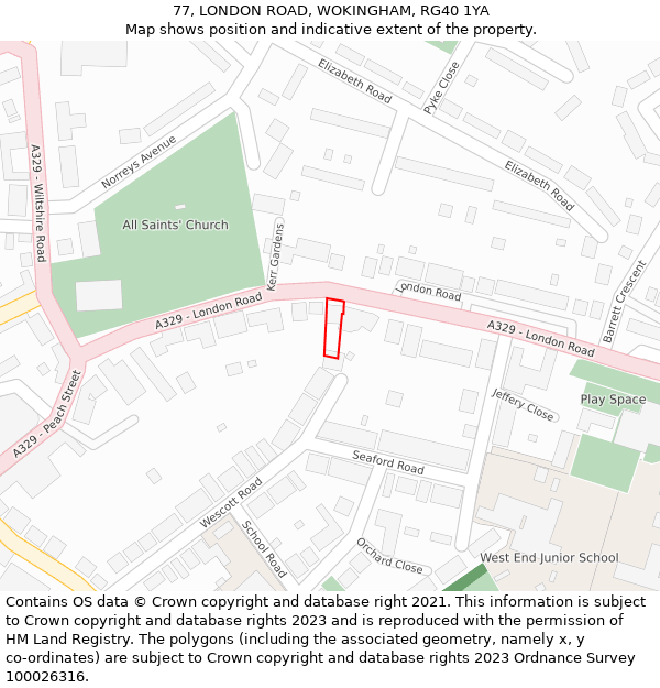77, LONDON ROAD, WOKINGHAM, RG40 1YA: Location map and indicative extent of plot