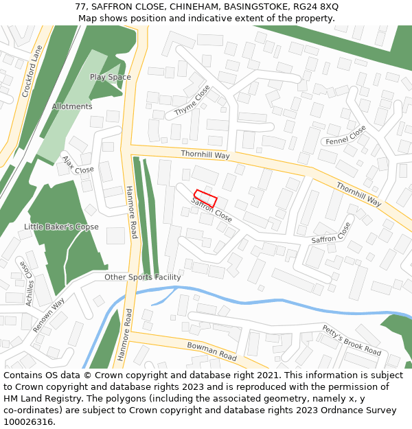 77, SAFFRON CLOSE, CHINEHAM, BASINGSTOKE, RG24 8XQ: Location map and indicative extent of plot