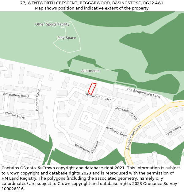 77, WENTWORTH CRESCENT, BEGGARWOOD, BASINGSTOKE, RG22 4WU: Location map and indicative extent of plot