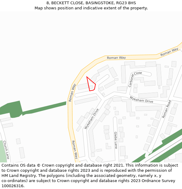 8, BECKETT CLOSE, BASINGSTOKE, RG23 8HS: Location map and indicative extent of plot