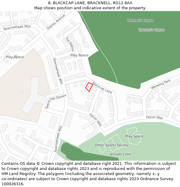 8, BLACKCAP LANE, BRACKNELL, RG12 8AA: Location map and indicative extent of plot