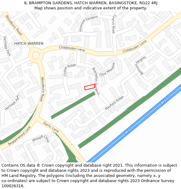 8, BRAMPTON GARDENS, HATCH WARREN, BASINGSTOKE, RG22 4RJ: Location map and indicative extent of plot