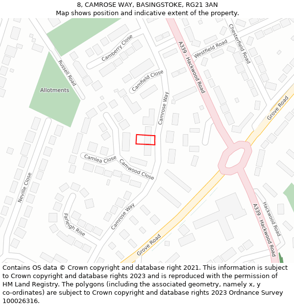 8, CAMROSE WAY, BASINGSTOKE, RG21 3AN: Location map and indicative extent of plot