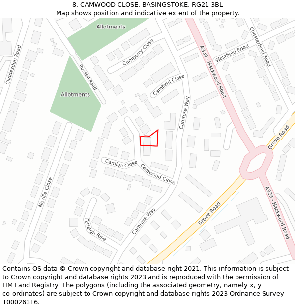 8, CAMWOOD CLOSE, BASINGSTOKE, RG21 3BL: Location map and indicative extent of plot