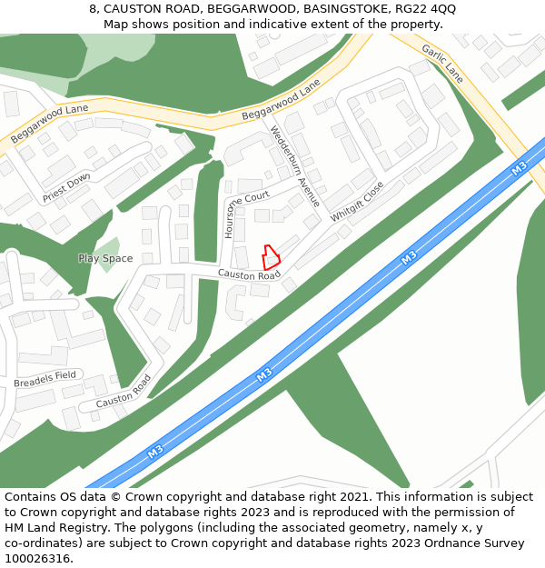 8, CAUSTON ROAD, BEGGARWOOD, BASINGSTOKE, RG22 4QQ: Location map and indicative extent of plot