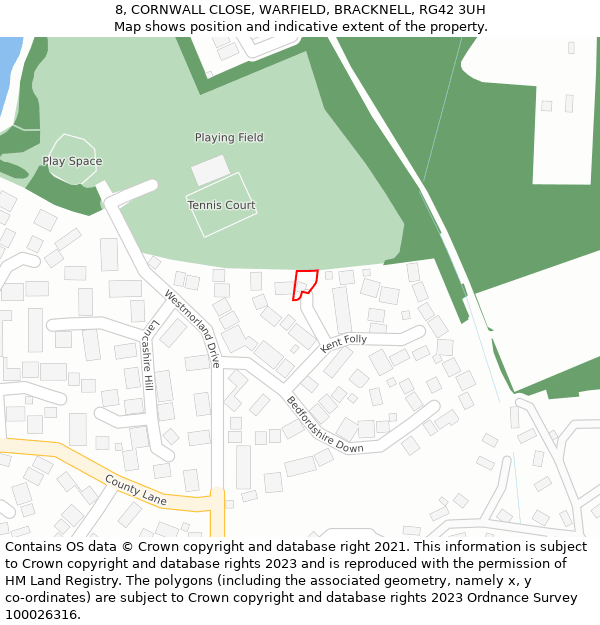 8, CORNWALL CLOSE, WARFIELD, BRACKNELL, RG42 3UH: Location map and indicative extent of plot