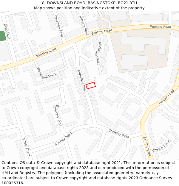 8, DOWNSLAND ROAD, BASINGSTOKE, RG21 8TU: Location map and indicative extent of plot