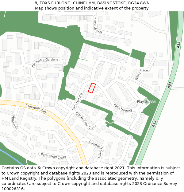 8, FOXS FURLONG, CHINEHAM, BASINGSTOKE, RG24 8WN: Location map and indicative extent of plot