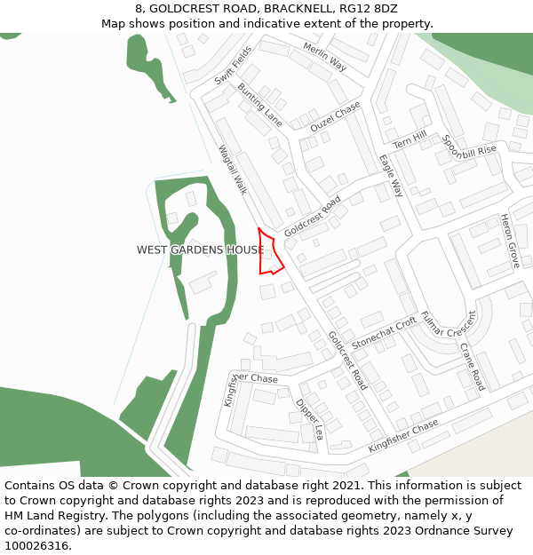 8, GOLDCREST ROAD, BRACKNELL, RG12 8DZ: Location map and indicative extent of plot