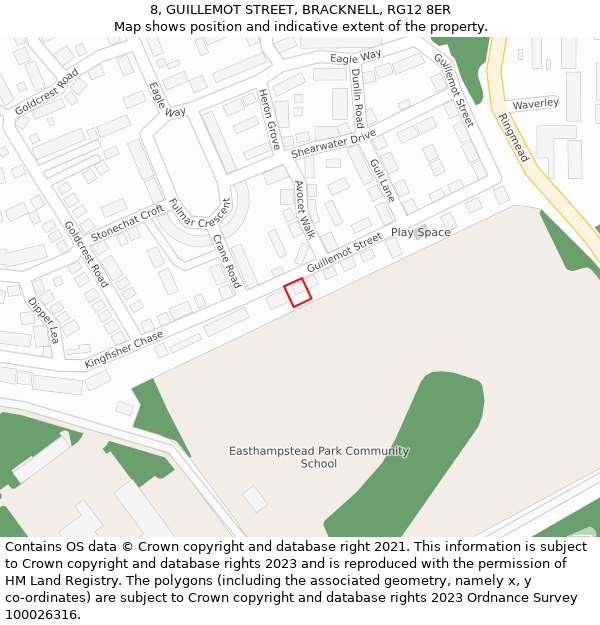 8, GUILLEMOT STREET, BRACKNELL, RG12 8ER: Location map and indicative extent of plot
