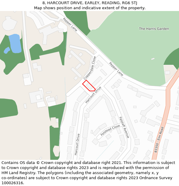 8, HARCOURT DRIVE, EARLEY, READING, RG6 5TJ: Location map and indicative extent of plot