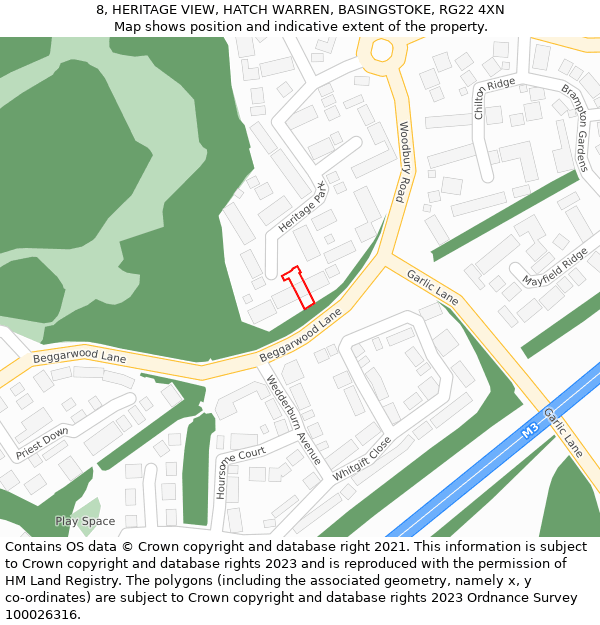 8, HERITAGE VIEW, HATCH WARREN, BASINGSTOKE, RG22 4XN: Location map and indicative extent of plot