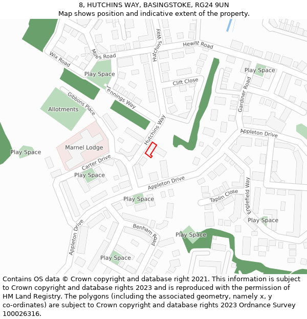 8, HUTCHINS WAY, BASINGSTOKE, RG24 9UN: Location map and indicative extent of plot