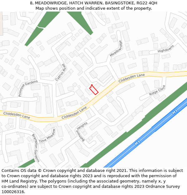 8, MEADOWRIDGE, HATCH WARREN, BASINGSTOKE, RG22 4QH: Location map and indicative extent of plot