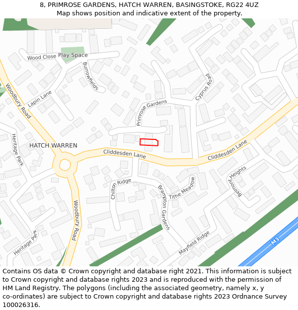 8, PRIMROSE GARDENS, HATCH WARREN, BASINGSTOKE, RG22 4UZ: Location map and indicative extent of plot