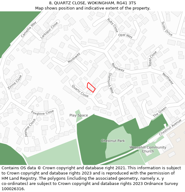 8, QUARTZ CLOSE, WOKINGHAM, RG41 3TS: Location map and indicative extent of plot