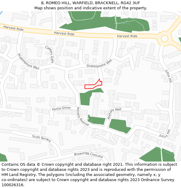 8, ROMEO HILL, WARFIELD, BRACKNELL, RG42 3UF: Location map and indicative extent of plot