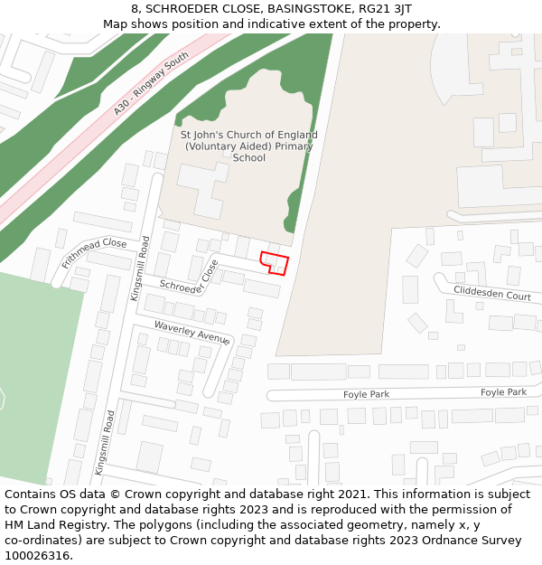 8, SCHROEDER CLOSE, BASINGSTOKE, RG21 3JT: Location map and indicative extent of plot