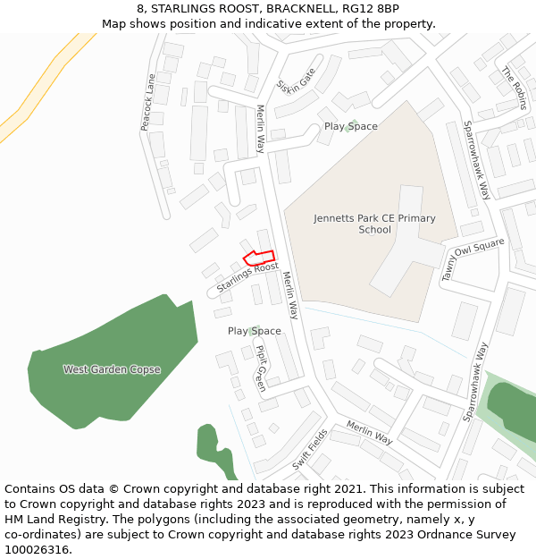 8, STARLINGS ROOST, BRACKNELL, RG12 8BP: Location map and indicative extent of plot