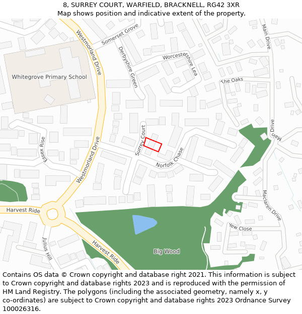 8, SURREY COURT, WARFIELD, BRACKNELL, RG42 3XR: Location map and indicative extent of plot