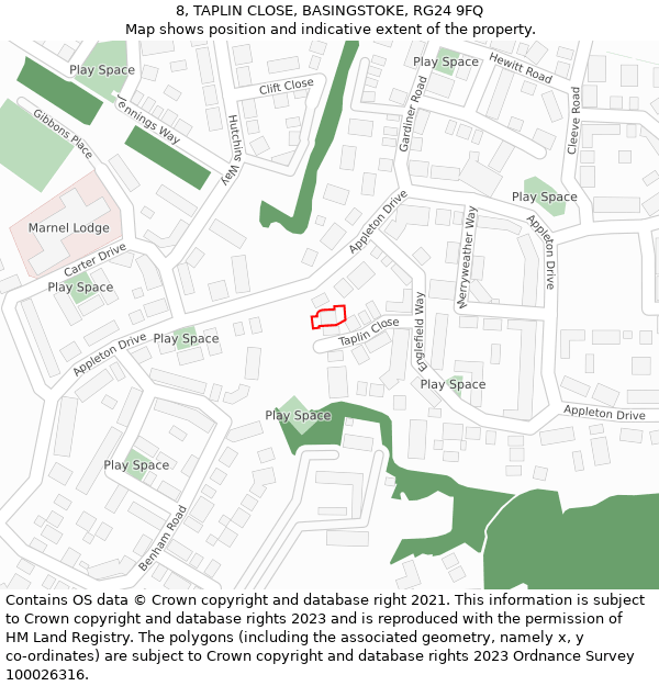 8, TAPLIN CLOSE, BASINGSTOKE, RG24 9FQ: Location map and indicative extent of plot