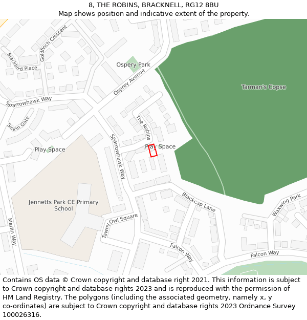 8, THE ROBINS, BRACKNELL, RG12 8BU: Location map and indicative extent of plot