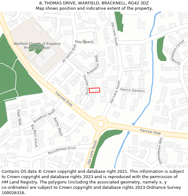 8, THOMAS DRIVE, WARFIELD, BRACKNELL, RG42 3DZ: Location map and indicative extent of plot