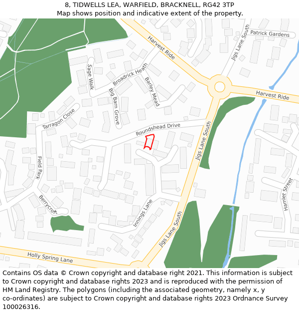 8, TIDWELLS LEA, WARFIELD, BRACKNELL, RG42 3TP: Location map and indicative extent of plot